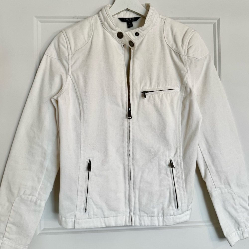 Lauren Ralph Lauren 100% Cotton White Moto Cafe Racer Jacket - Size M
